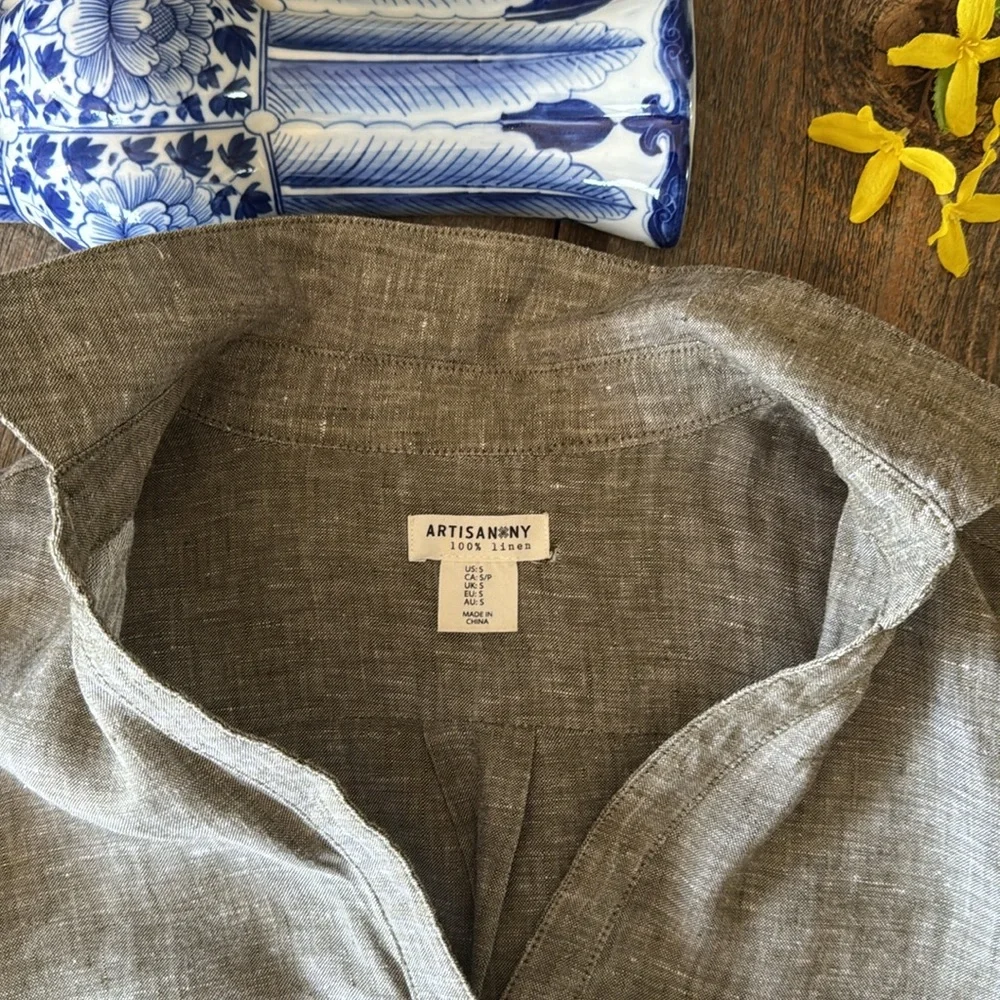 Artisan NY Khaki Green 100% Linen Dress Size Small - Picture 2 of 12